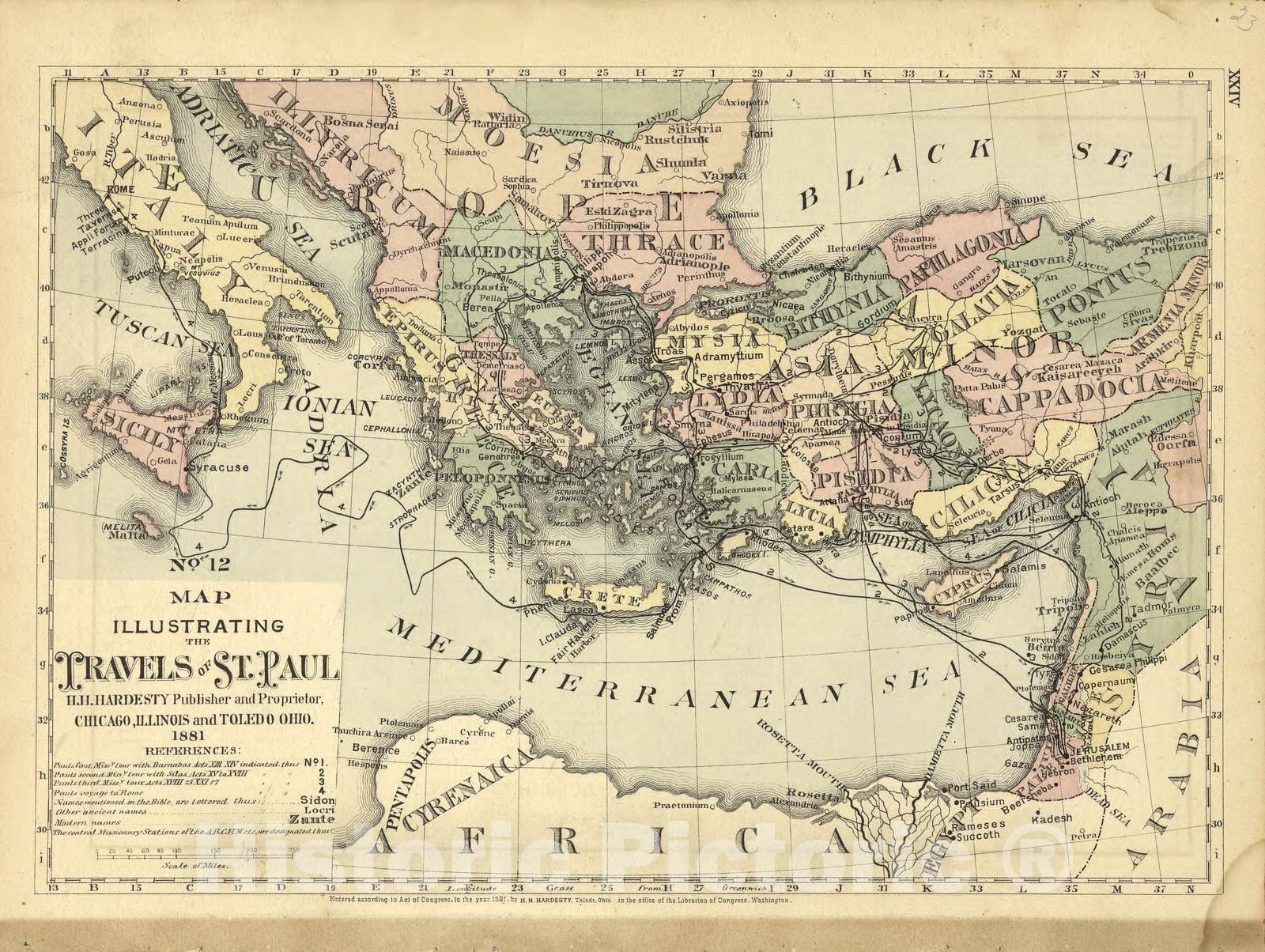 Historic 1881 Map - Historical Hand-Atlas, Illustrated - No. 12 Map Illustrating The Travels of St. Paul - Historical Hand Atlas, Illustrated, General & Local