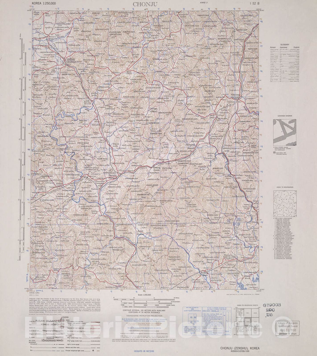 Historic 1944 Map - Korea 1:250,000 - Chonju, 1950 - Series L551