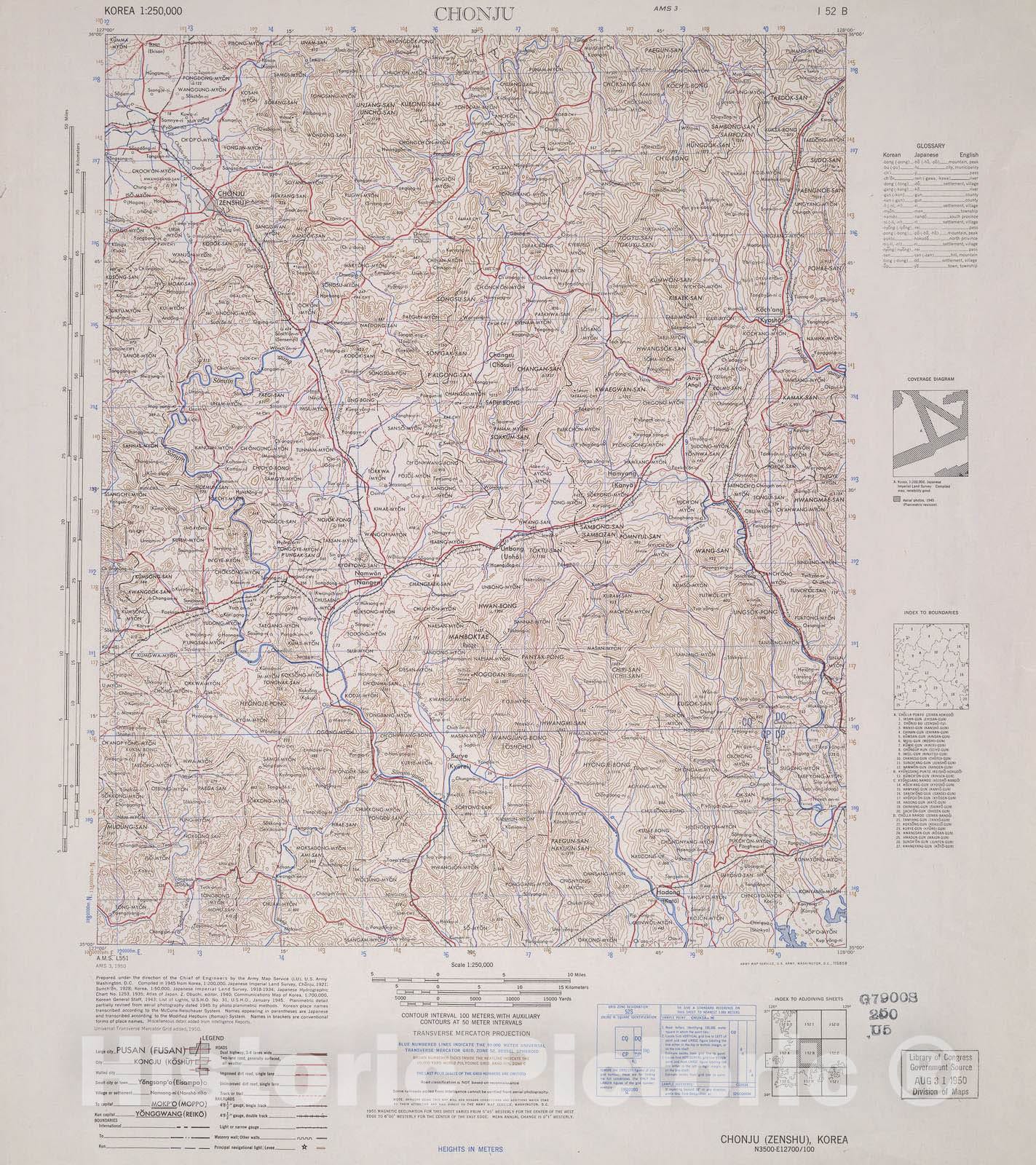 Historic 1944 Map - Korea 1:250,000 - Chonju, 1950 - Series L551