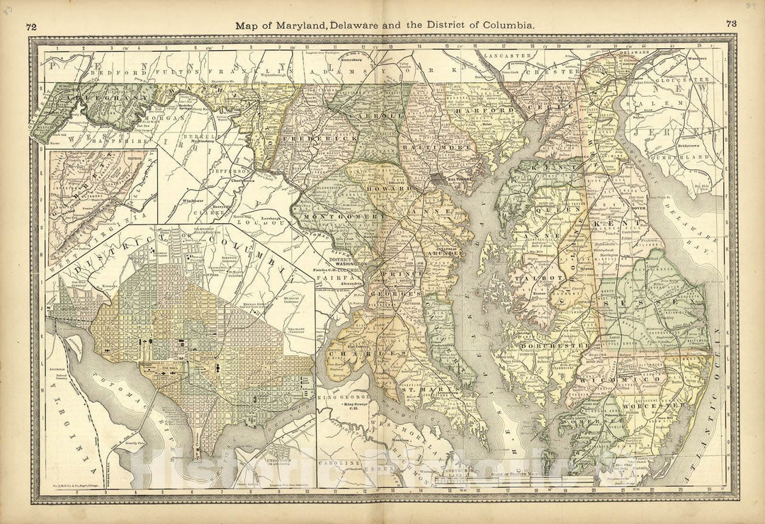 Historic 1882 Map - Historical Hand-Atlas, Illustrated - Map of Maryland, Delaware and The District of Columbia - Historical Hand Atlas, Illustrated, General & Local