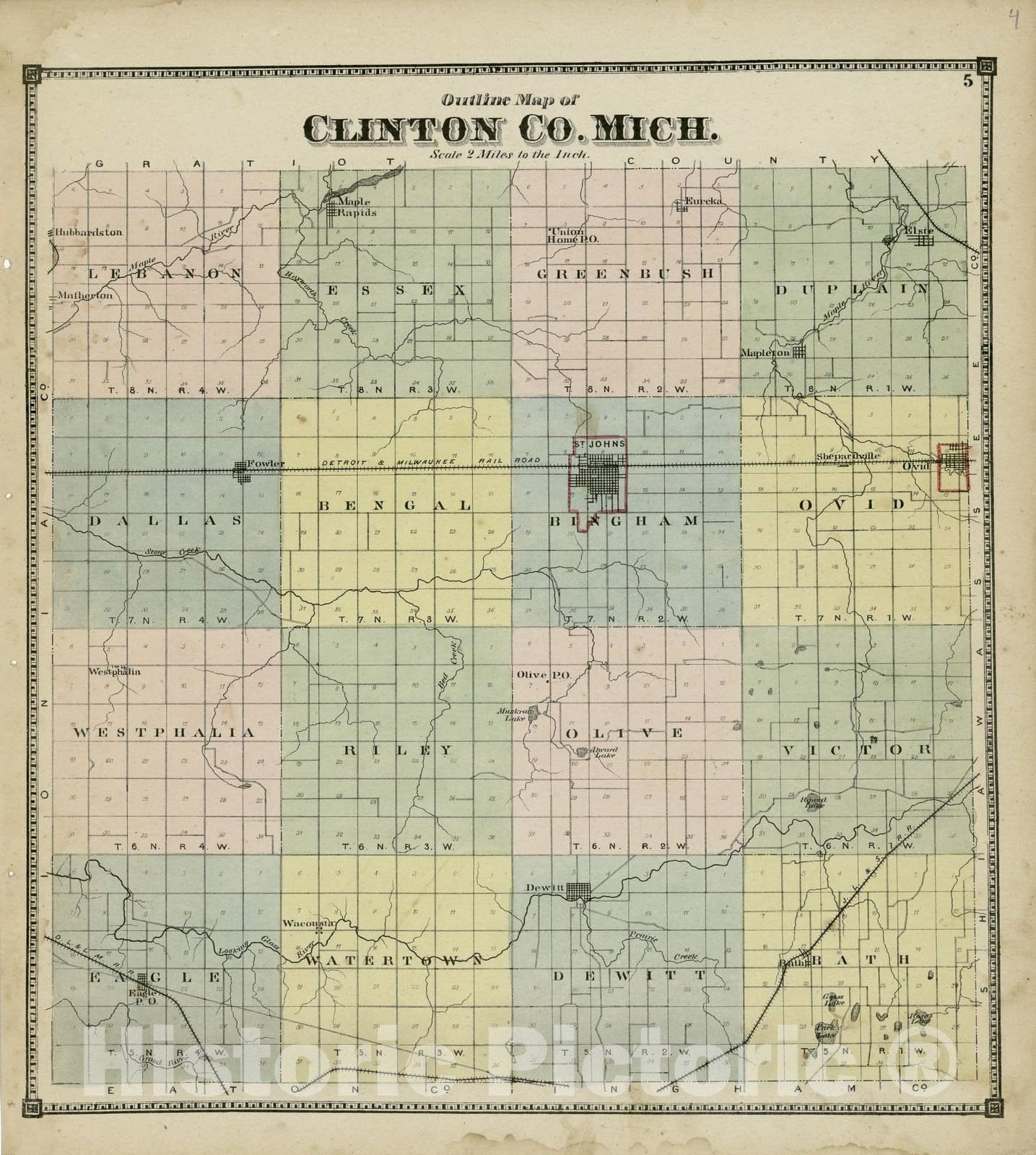 Historic 1873 Map - Atlas of Clinton County, Michigan - Outline Map of Clinton Co. Mich.