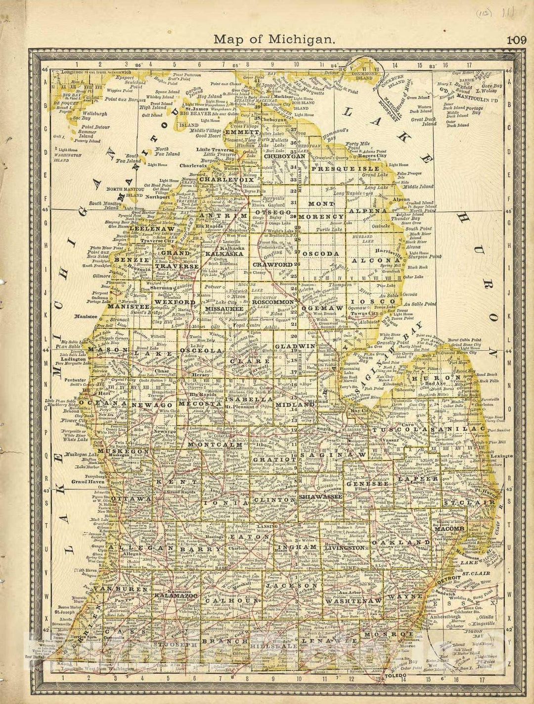 Historic 1881 Map - Historical Hand-Atlas, Illustrated - Map of Michigan - Historical Hand Atlas, Illustrated, General & Local