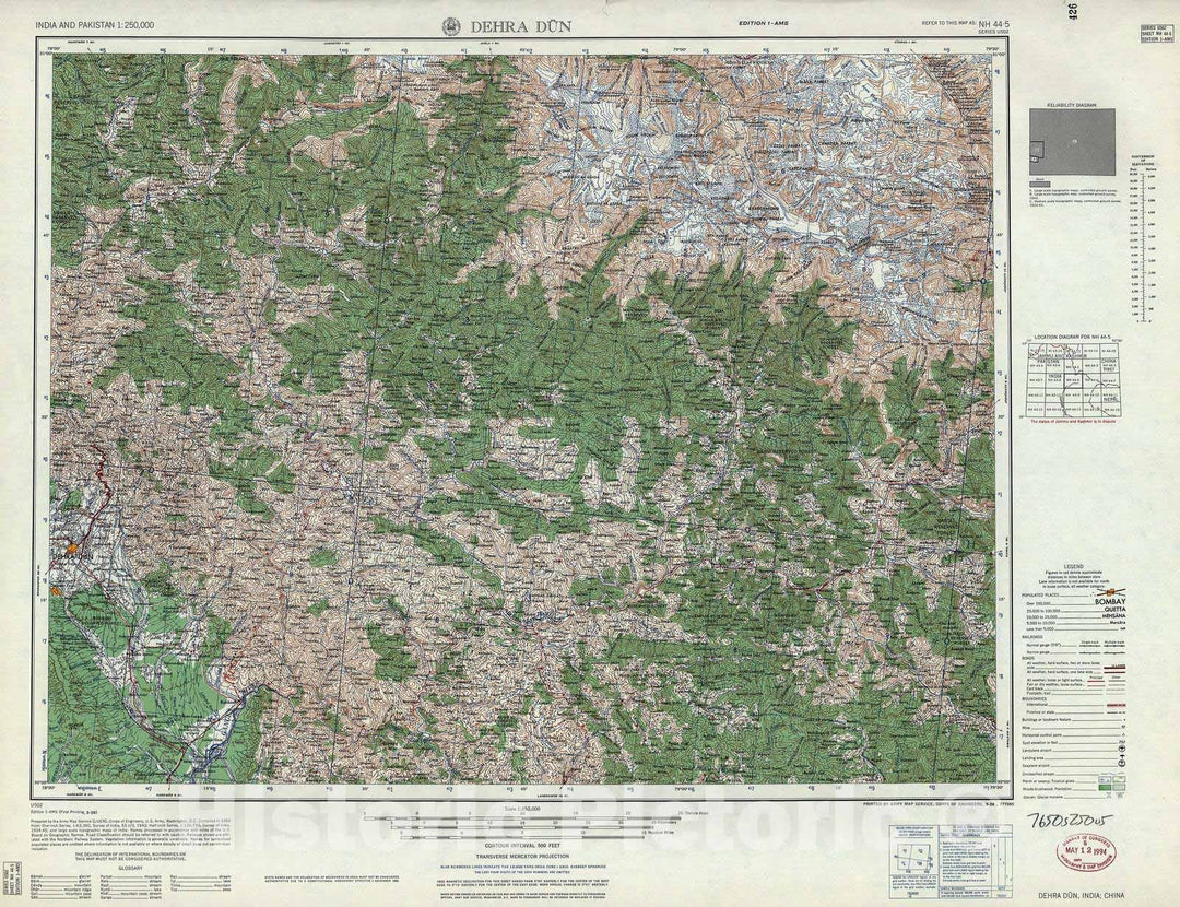 Historic 1955 Map - India and Pakistan 1:250,000. - Dehra Dun, India, China 1959