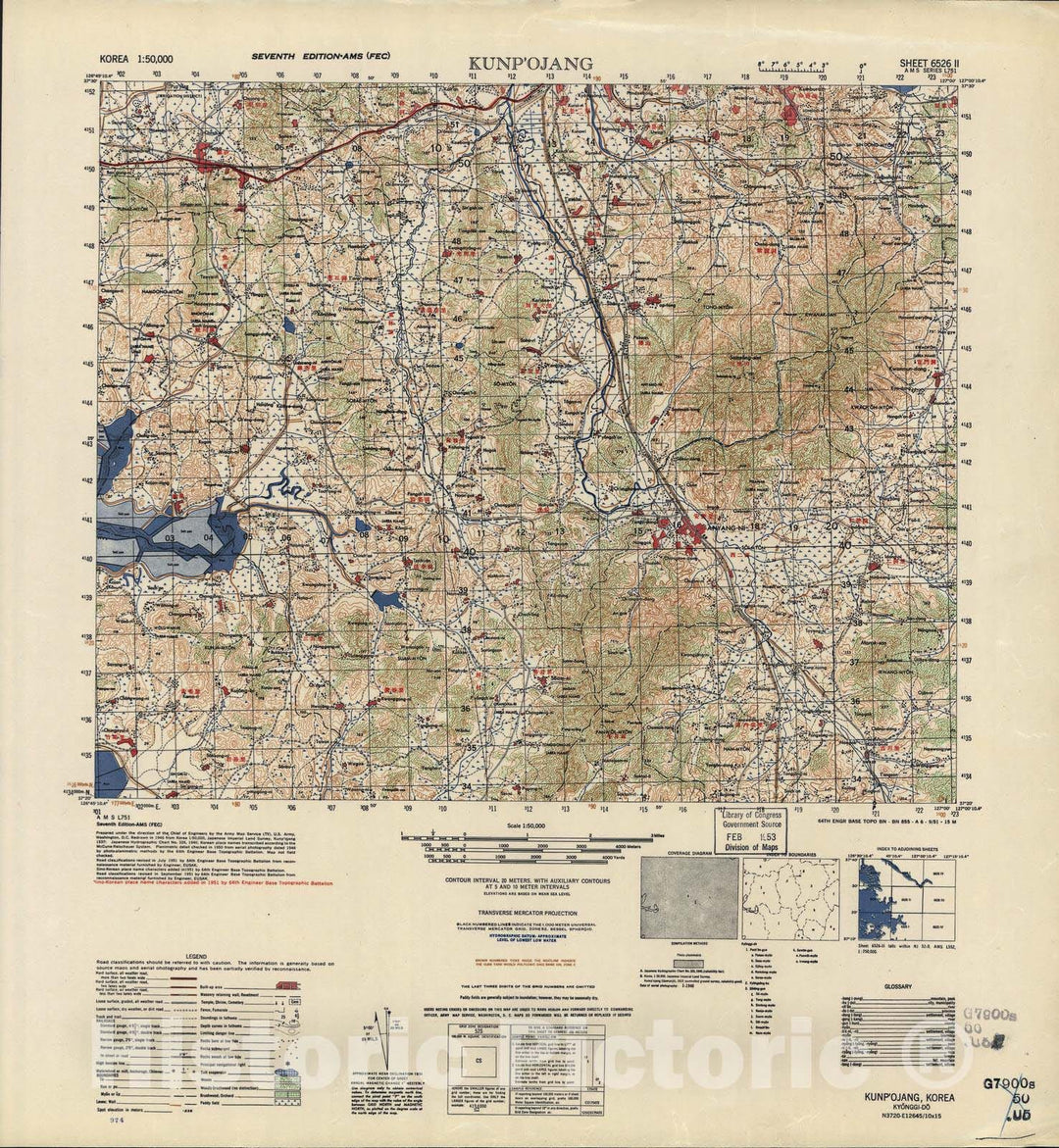 Historic 1945 Map - Korea 1:50,000 - Kunp'ojang, 1951 - Series L751