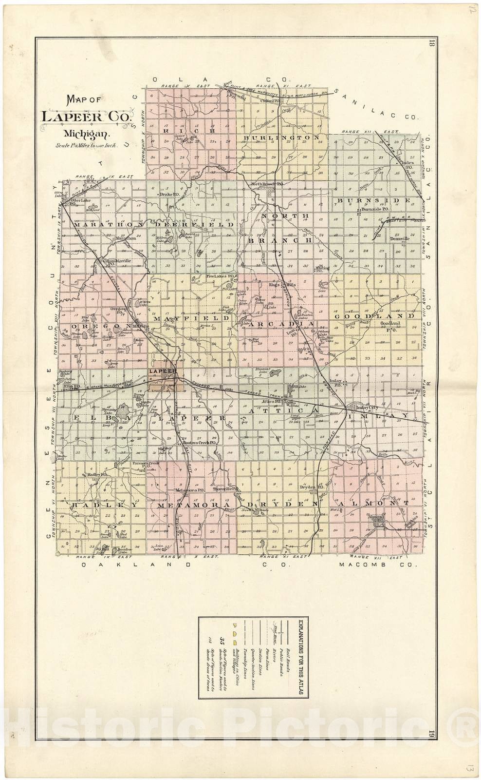 Historic 1893 Map - Atlas and Directory of Lapeer County, Michigan - Map of Lapeer Co. Michigan