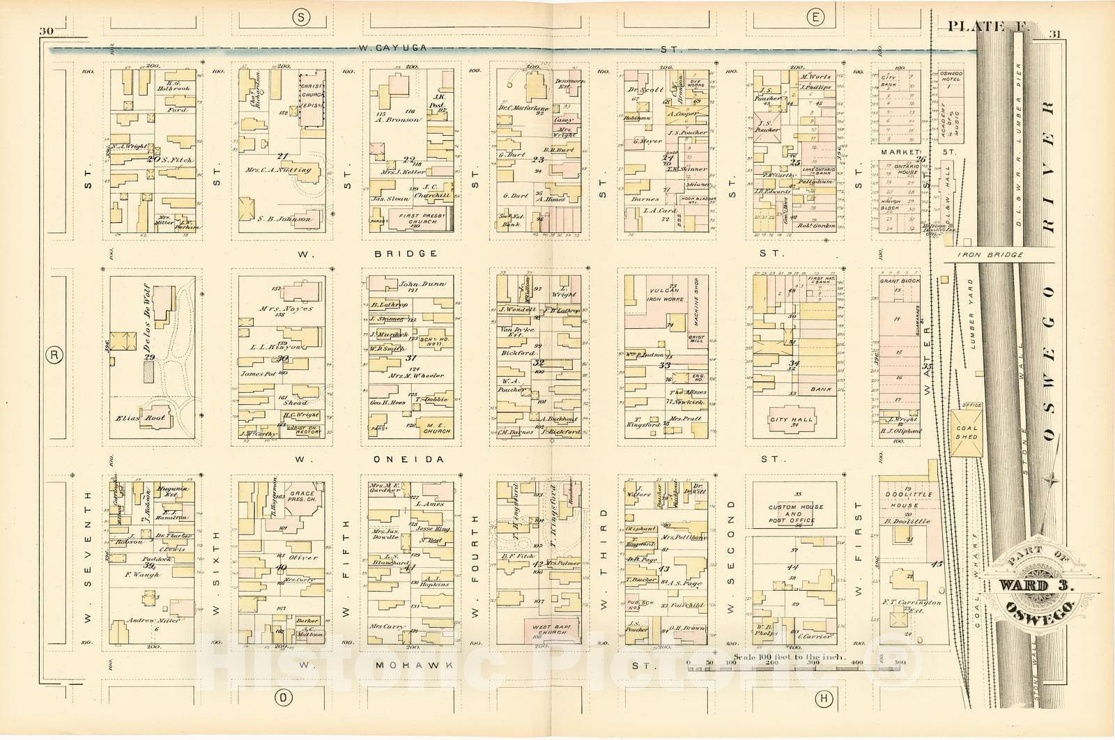 Historic 1880 Map - City Atlas of Oswego, New York - Part of Ward 3. Oswego. Plate F. - Atlas of The City of Oswego N.Y.