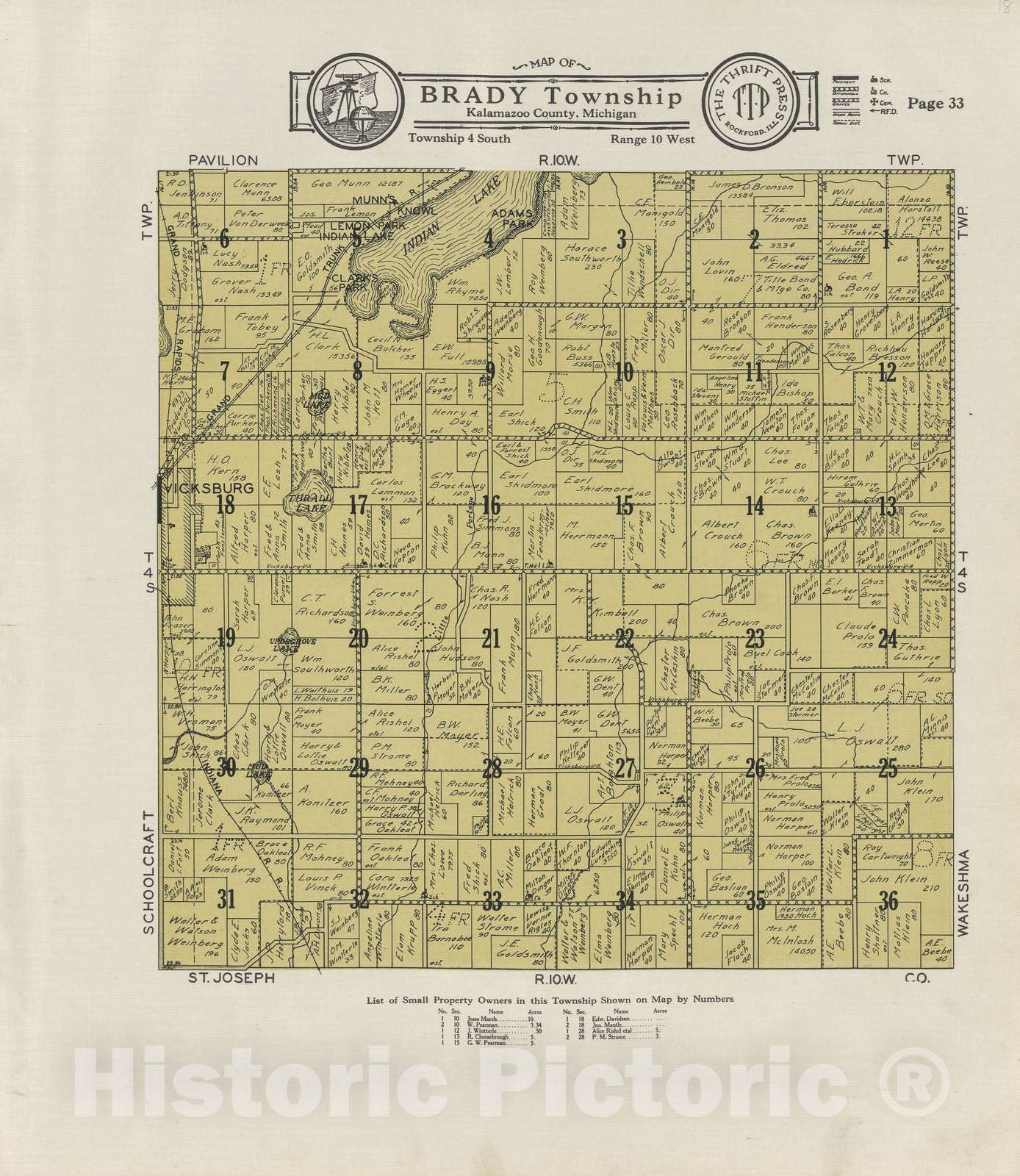 Historic 1928 Map - Plat Book of Kalamazoo County, Michigan - Map of Brady Township - Atlas and plat Book, Kalamazoo County, Michigan