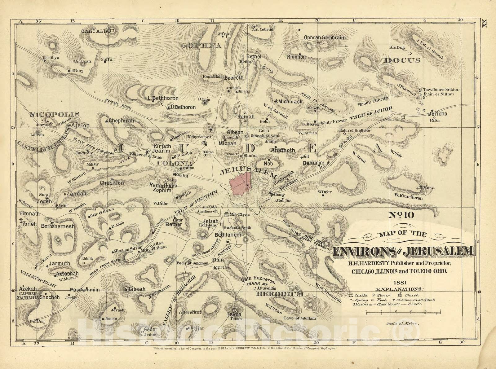 Historic 1881 Map - Historical Hand-Atlas, Illustrated - No. 10 Map of The Environs of Jerusalem - Historical Hand Atlas, Illustrated, General & Local