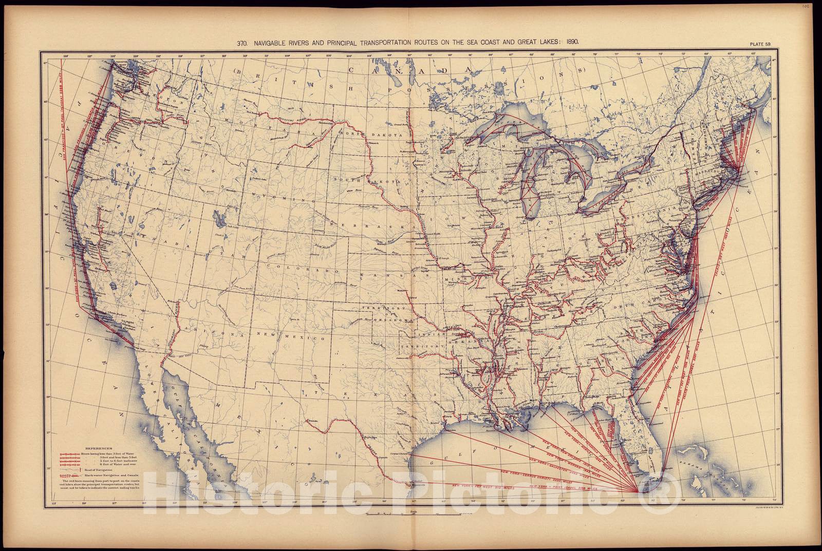 Historic 1898 Map - Statistical Atlas of The United States - Navigable Rivers and pricipal transporation Routes on The sea Coast and Great Lakes: 1890