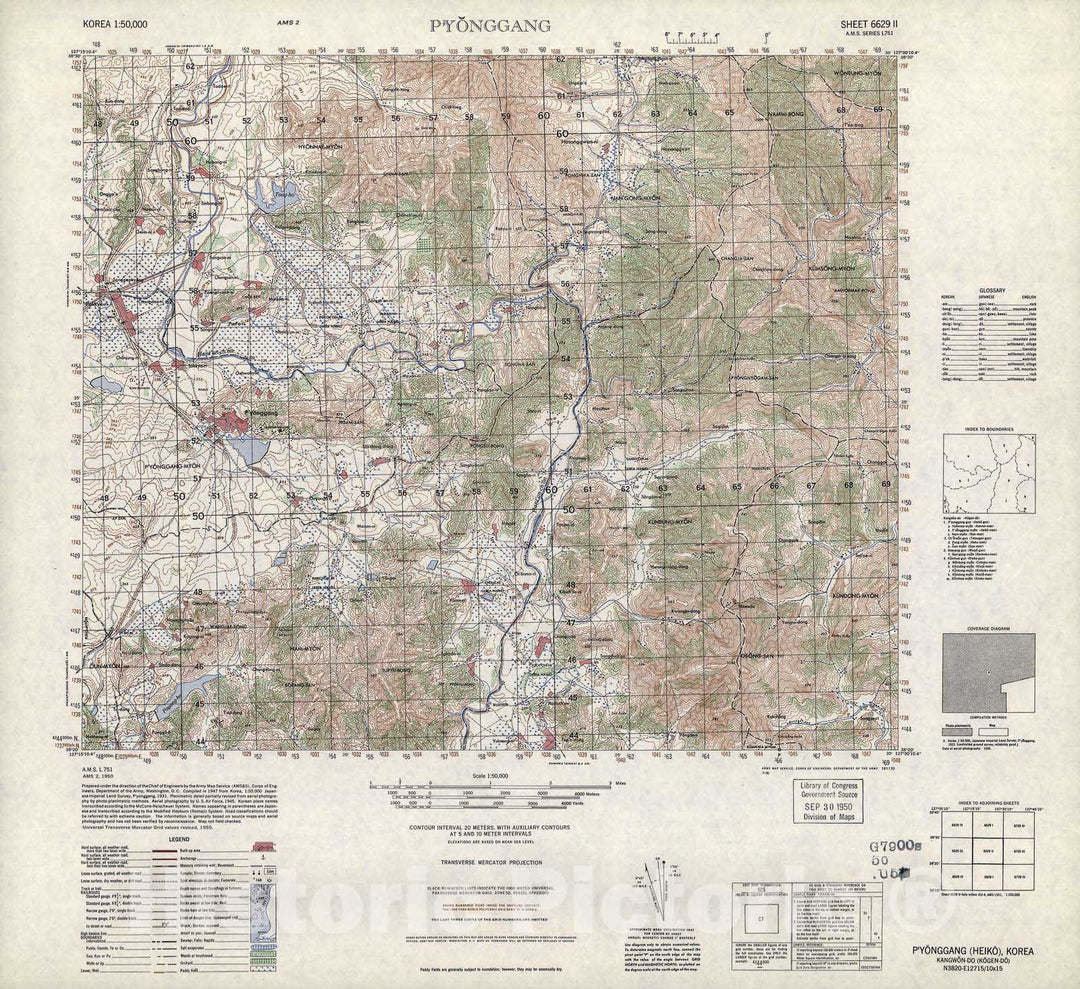 Historic 1945 Map - Korea 1:50,000 - P'Yonggang, 1950 - Series L751