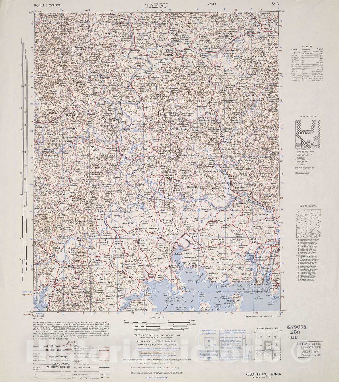 Historic 1944 Map - Korea 1:250,000 - Taegu, 1950 - Series L551