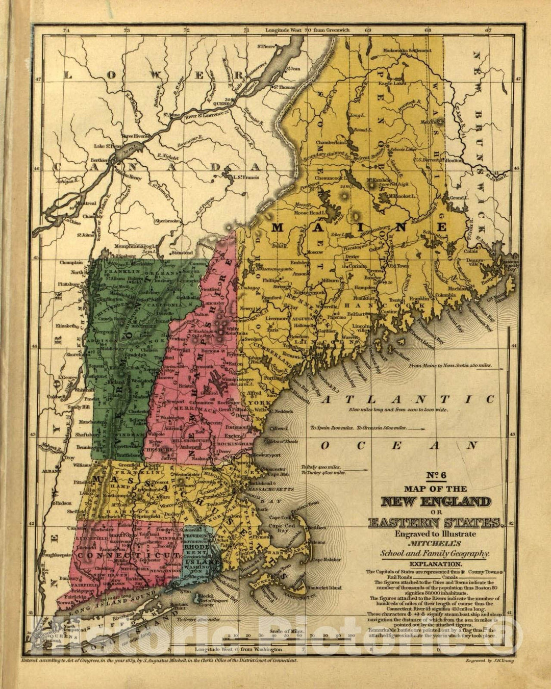 Historic 1839 Map - Mitchell's School Atlas. - New England