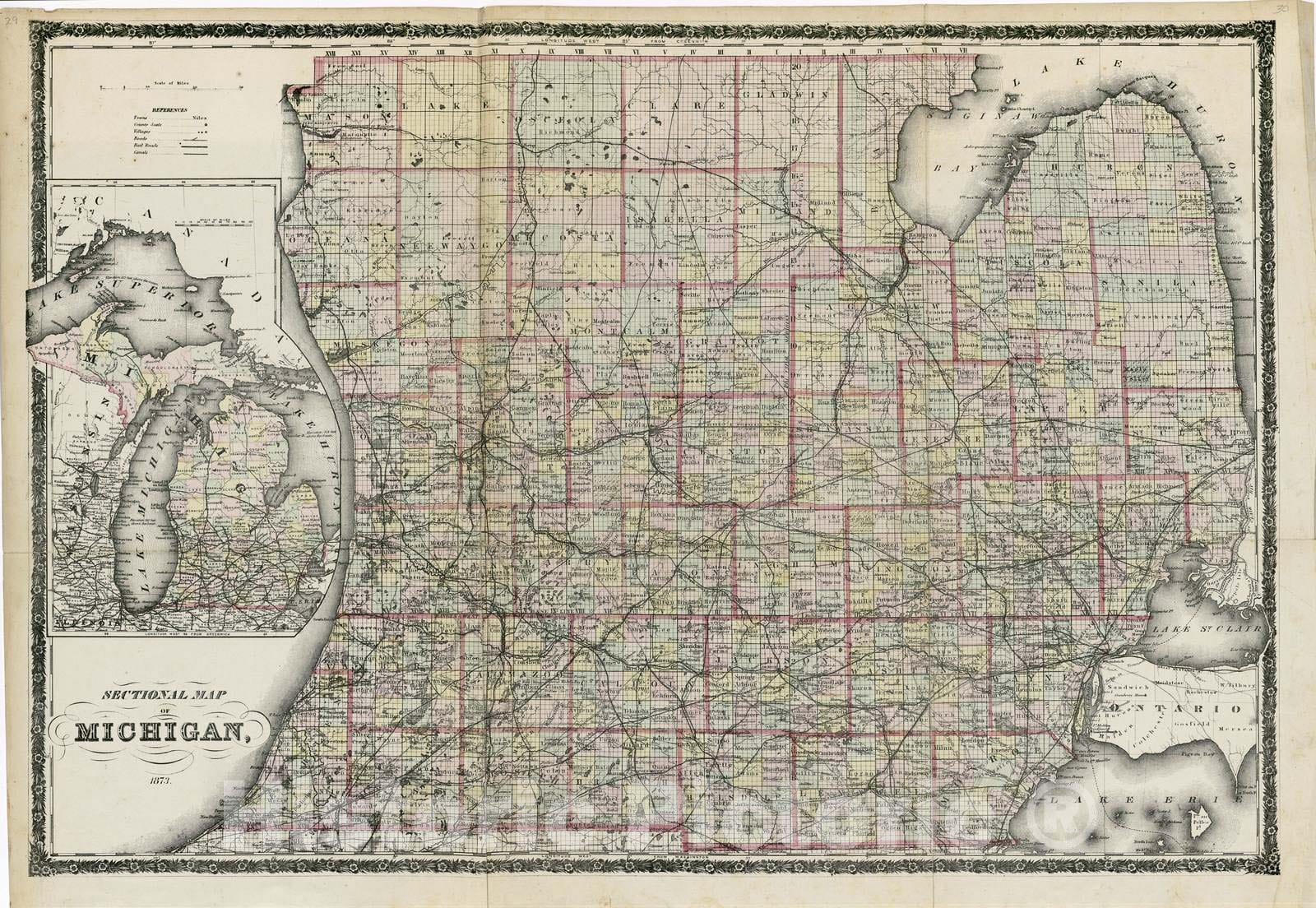 Historic 1873 Map - Atlas of Clinton County, Michigan - Sectional Map of Michigan