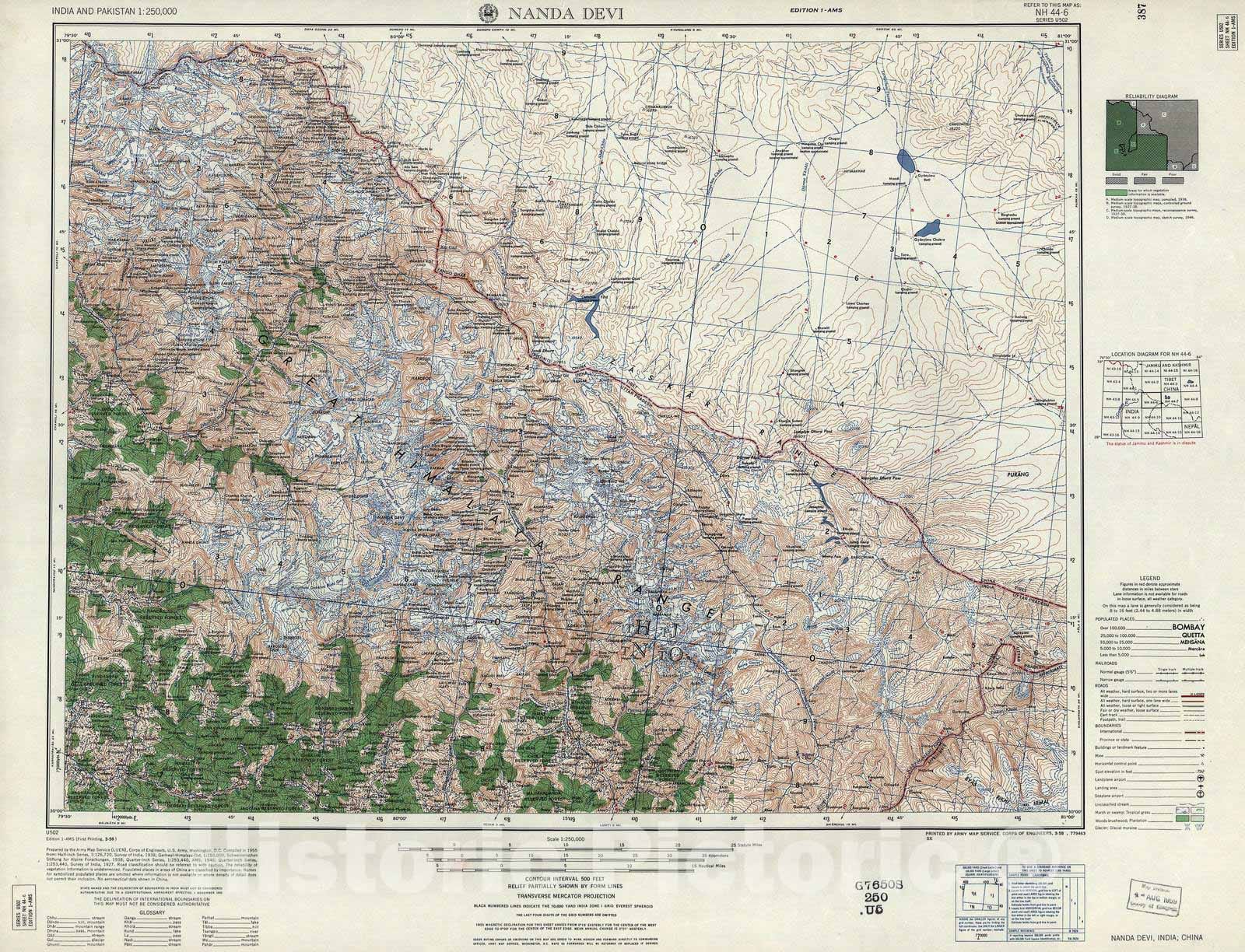 Historic 1955 Map - India and Pakistan 1:250,000. - Nanda Devi, India, China 1958