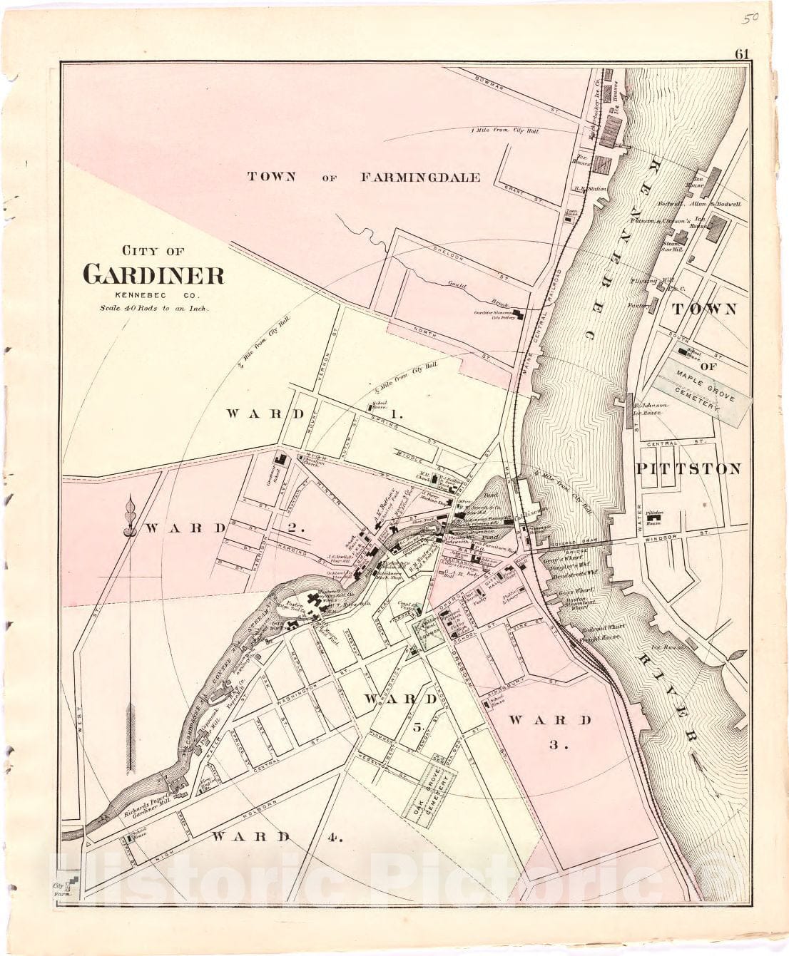 Historic 1887 Map - Colby's Atlas of The State of Maine - City of Gardiner