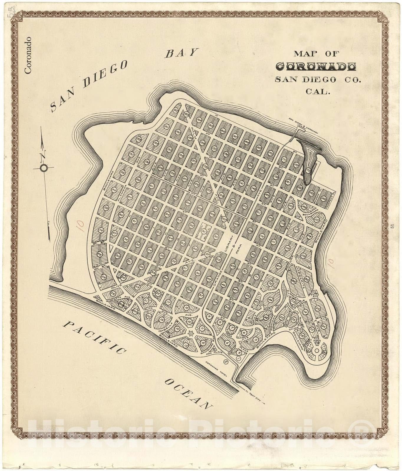 Historic 1912 Map - Plat Book of San Diego County, California - Map of Coronado, San Diego Co. Cal.