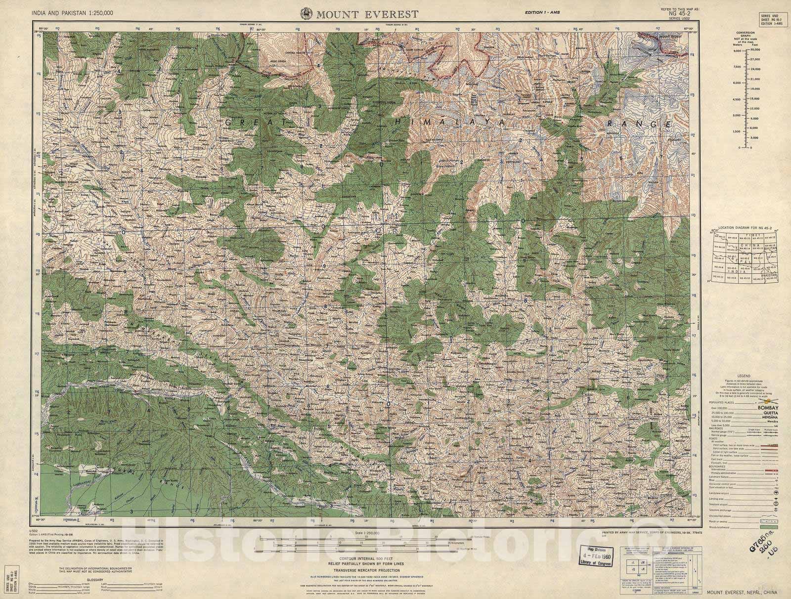 Historic 1955 Map - India and Pakistan 1:250,000. - Mount Everest, Nepal, China 1959