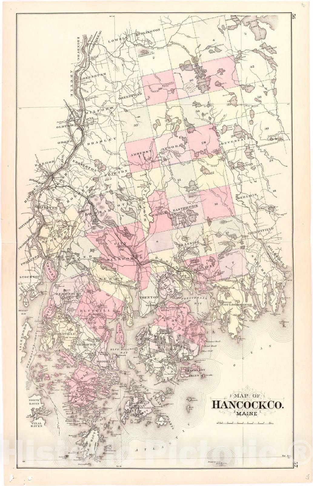 Historic 1887 Map - Colby's Atlas of The State of Maine - Map of Hancock Co. Maine