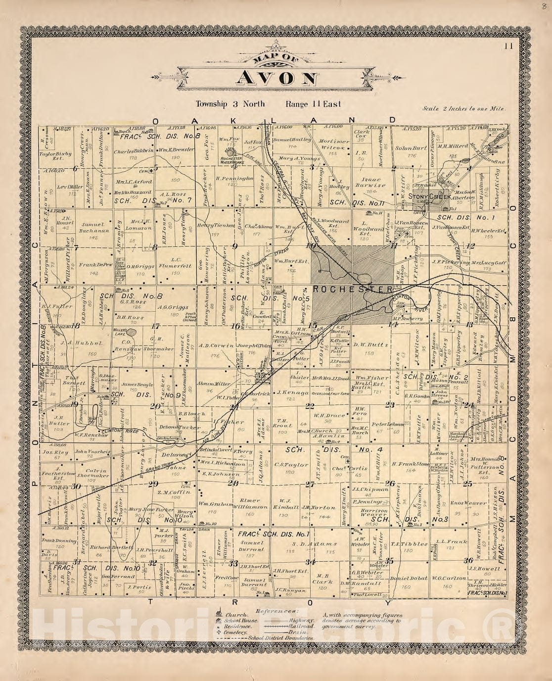 Historic 1896 Map - Illustrated Atlas of Oakland County, Michigan : compiled from Official Records and Local inspections - Orion; Milford; Waterford; Mathewsville