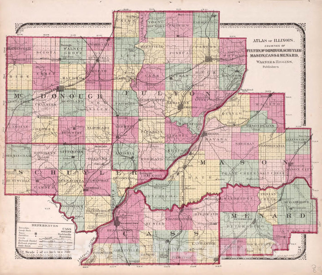 Historic 1870 Map - Atlas of Kendall Co. and The State of Illinois : to which is Added an Atlas of The United States - Piatt, Champaign & Vermillion