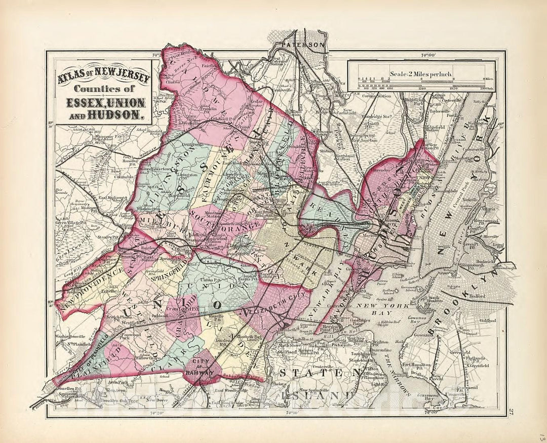 Historic 1873 Map - Combined Atlas of The State of New Jersey - Counties od Essex, Union and Hudson - Atlas of The Late Township of Greenville