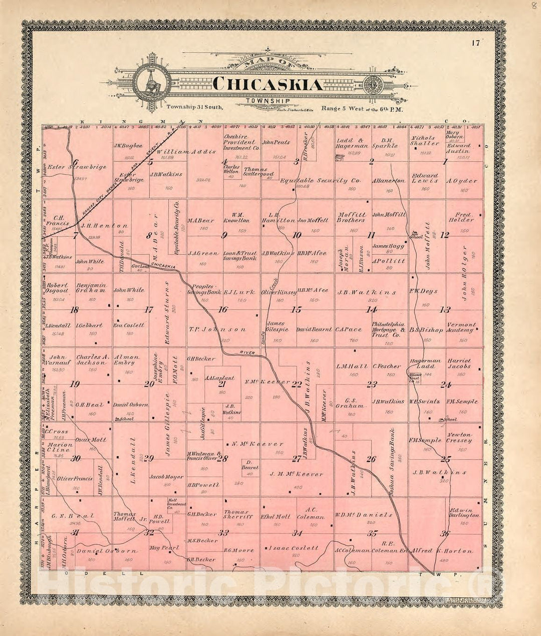 Historic 1902 Map - Standard Atlas of Harper County, Kansas : Including a plat Book of The Villages, Cities and townships of The County, map of The State - Map of Lawn Township