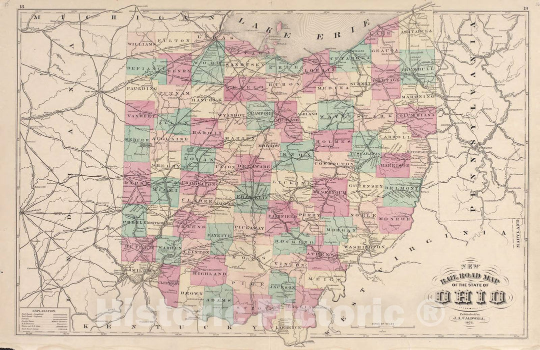 Historic 1875 Map - Caldwell's Atlas of Madison Co, Ohio - Railroad map of The State of Ohio - Caldwell's Atlas of Madison County, Ohio