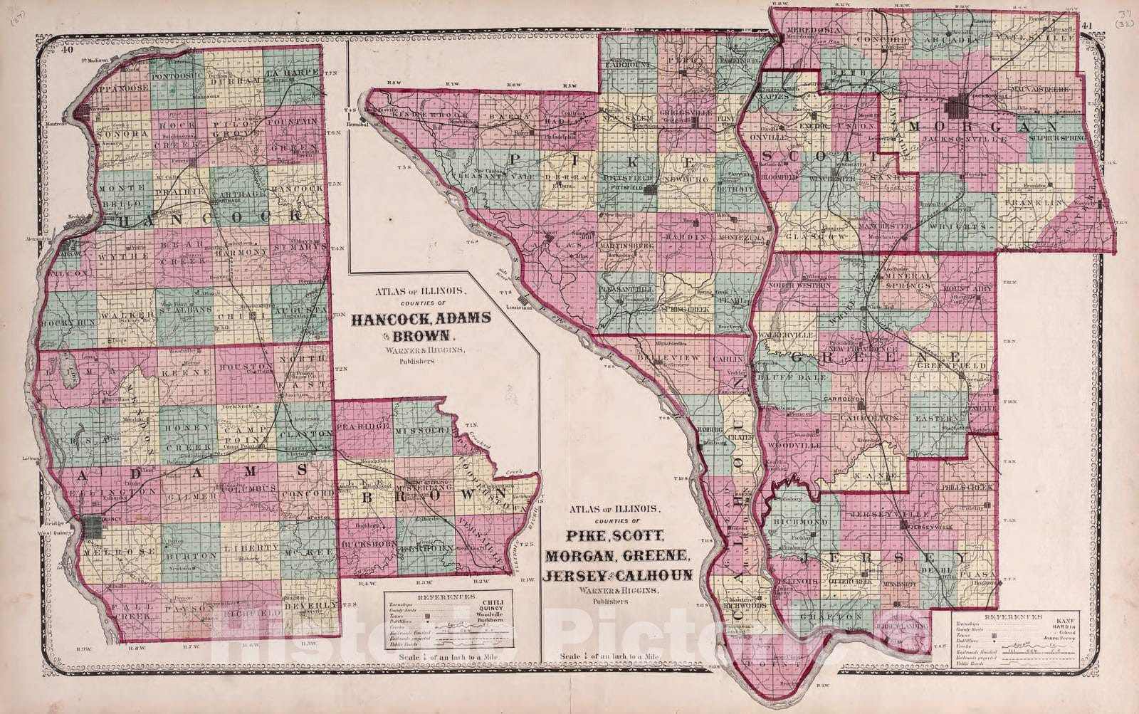 Historic 1870 Map - Atlas of Kendall Co. and The State of Illinois : - Hancock, Brown and Adams; Pike, Scott, Morgan, Greene, Jersey and Calhoun