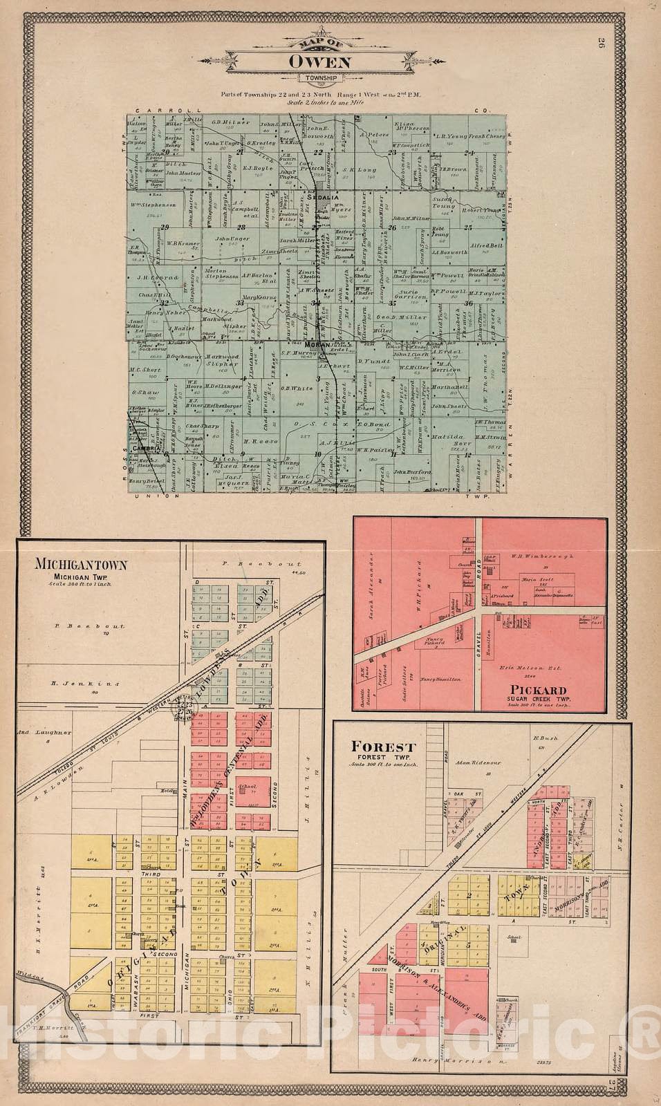 Historic 1903 Map - 20th Century Atlas of Clinton County, Indiana - Owen Twp; Michigantown, Michigan Twp; Pickard, Sugar Creek Twp; Forest - Twentieth Century Atlas of Clinton County, in