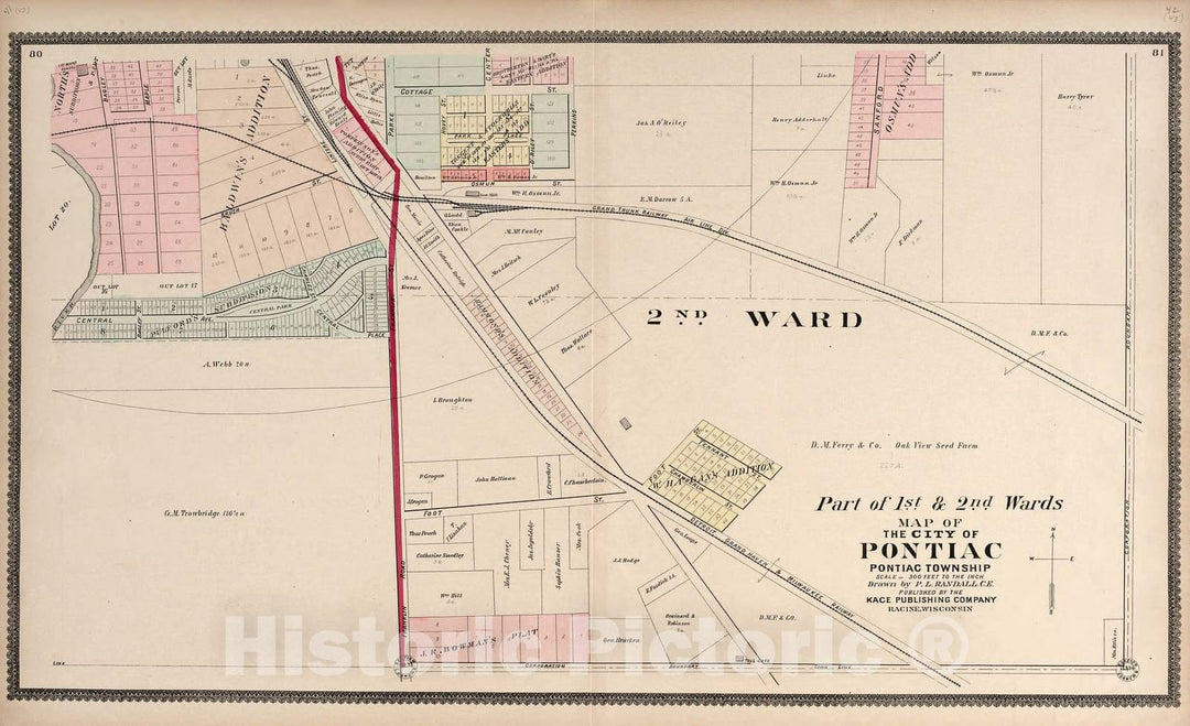 Historic 1896 Map - Illustrated Atlas of Oakland County, Michigan - Part of The 3rd & 4th Wards - Map of The City of Pontiac