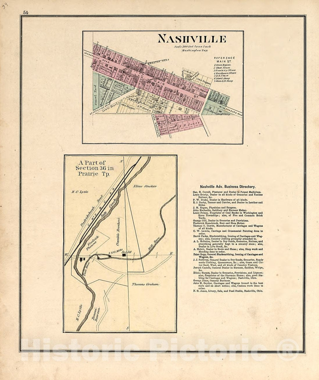 Historic 1875 Map - Caldwell's Atlas of Holmes Co, Ohio - Nashville - Part of Section 36 in Prairie Tp. - Caldwell's Atlas of Holmes County, Ohio