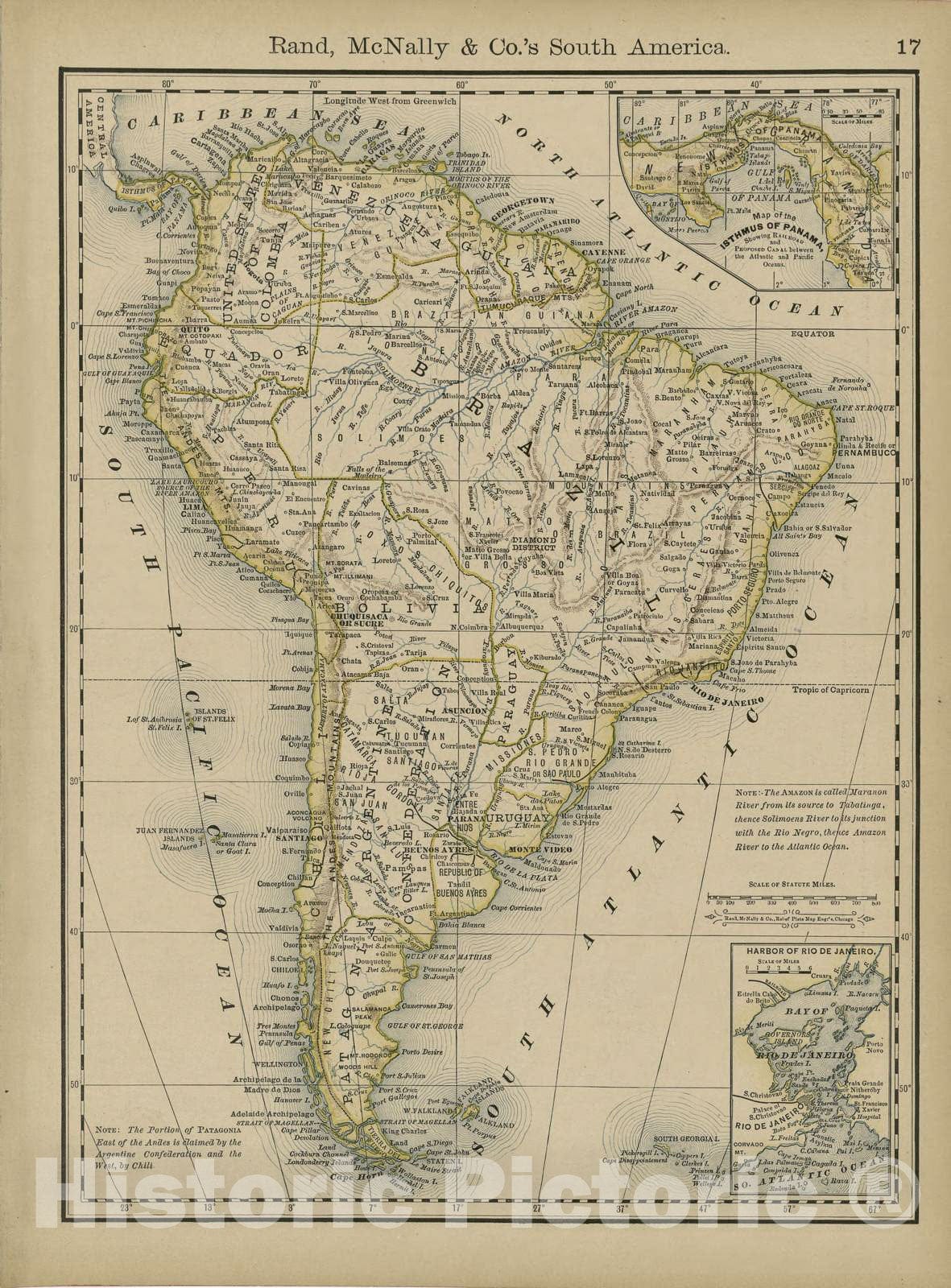 Historic 1878 Map - Rand McNally & Co's Business Atlas - Rand, McNally & Co.'s South America -