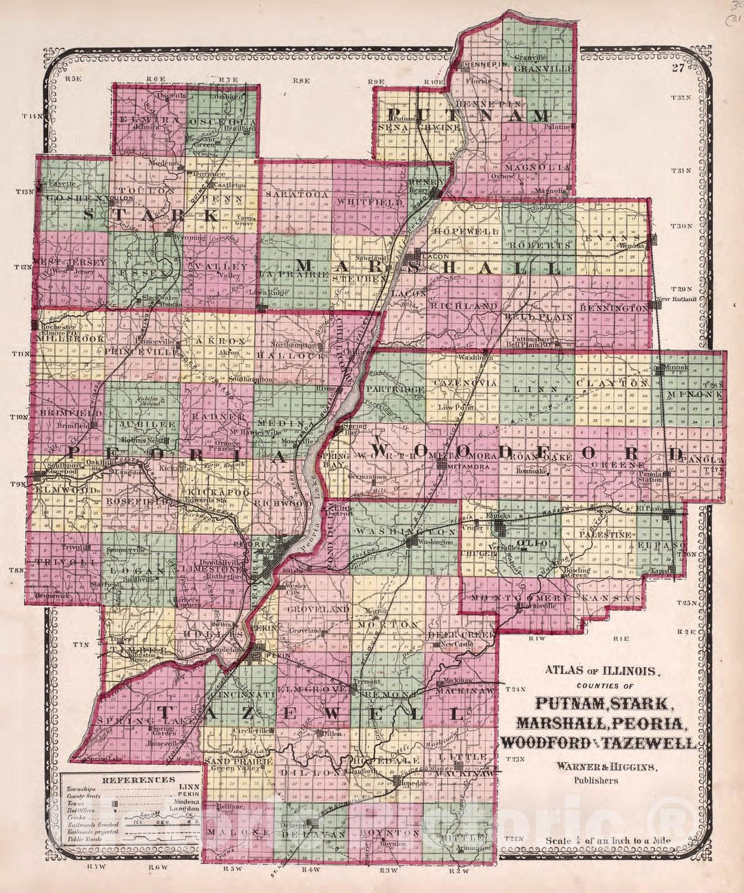 Historic 1870 Map - Atlas of Kendall Co. and The State of Illinois - Counties of Putnam, Stark, Marshall, Peoria, Woodford and Tazewell