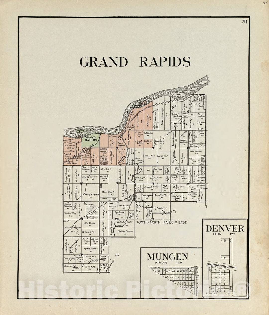 Historic 1912 Map - an Atlas of Wood County, Ohio - Grand Rapids; Mungen; Denver