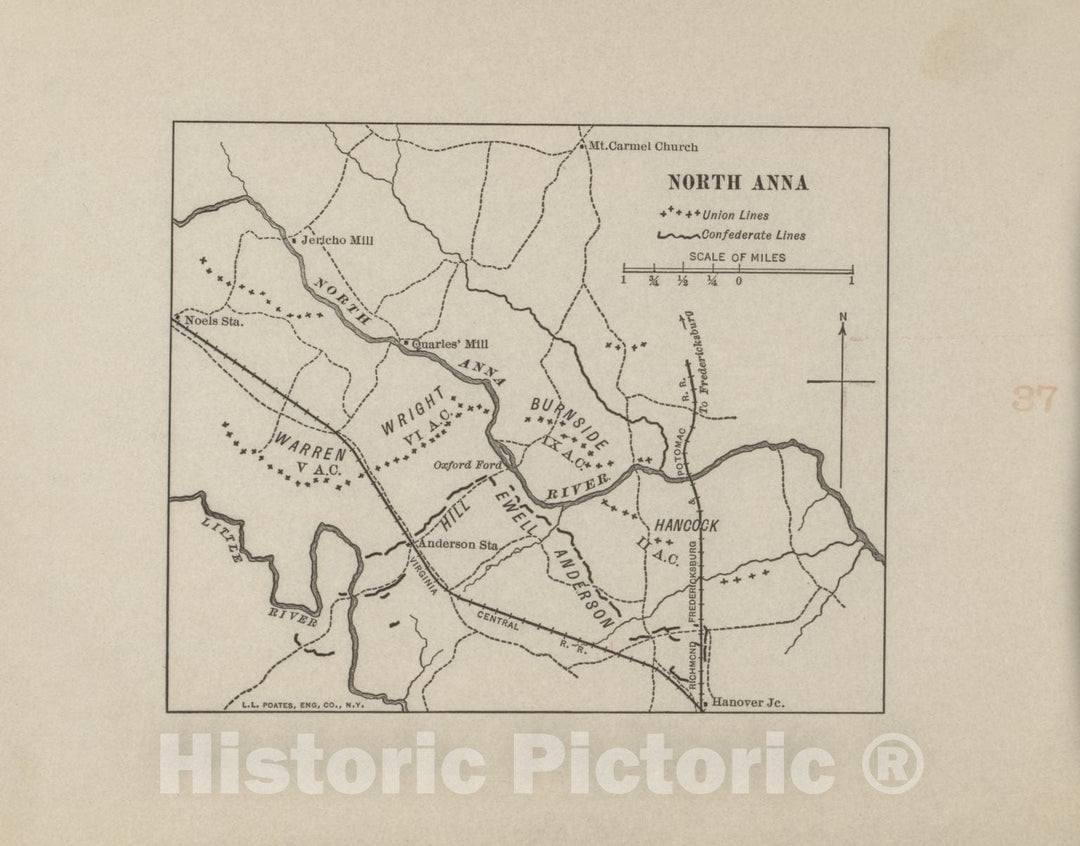 Historic 1914 Map - Campaigns of The American Civil War-Atlas - North Anna - American Civil War Atlas