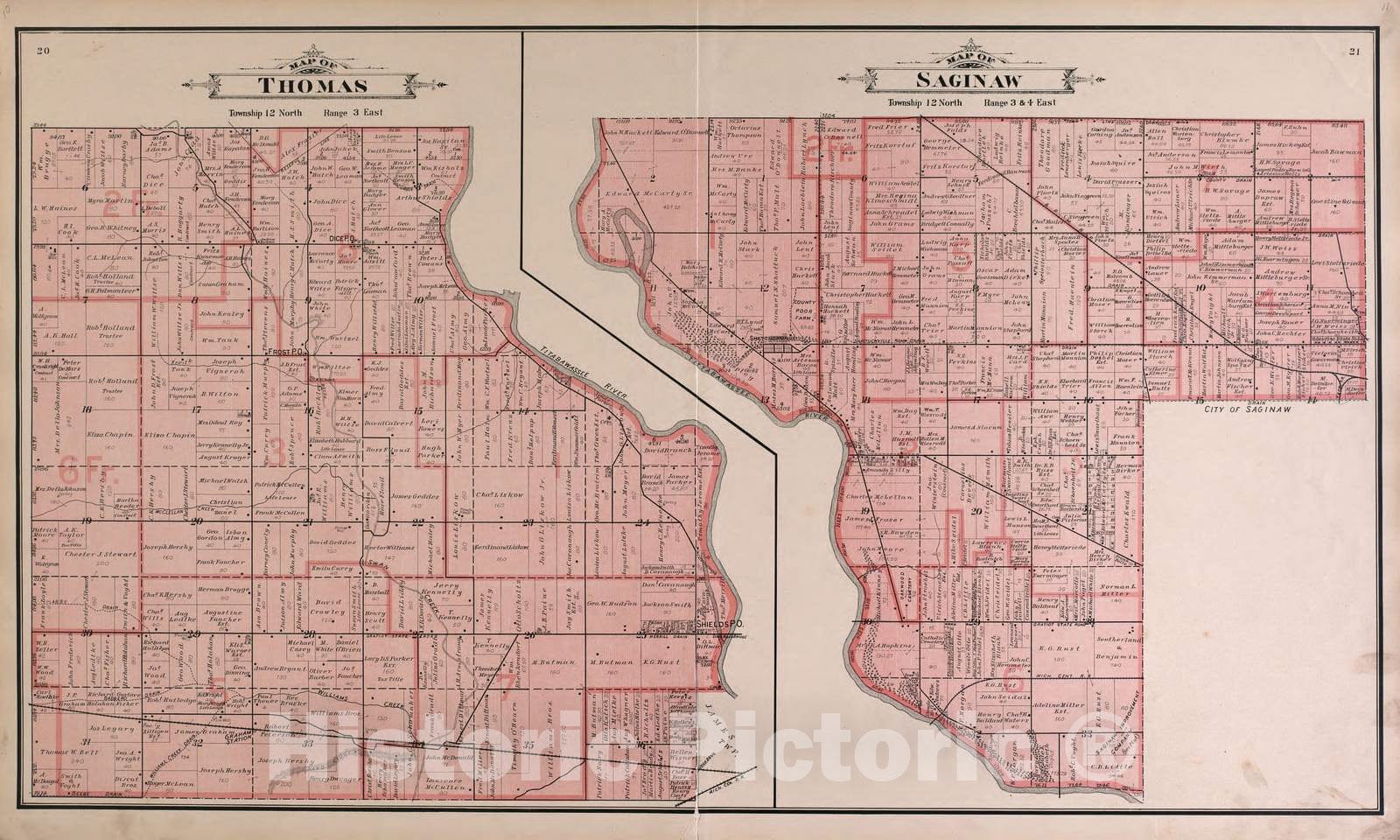 Historic 1896 Map - The County of Saginaw, Michigan : Topography, History, Art Folio - Swan Creek, James, and Spalding Townships