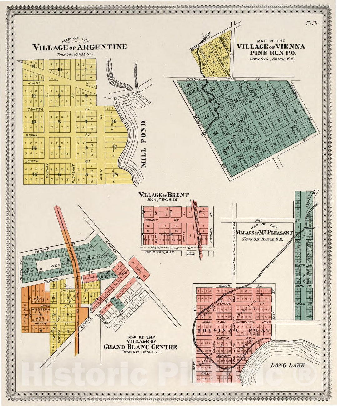 Historic 1899 Map - Atlas of Genesee County, Michigan - Map of Village of Argentine/Vienna/Mt. Pleasant/Brent