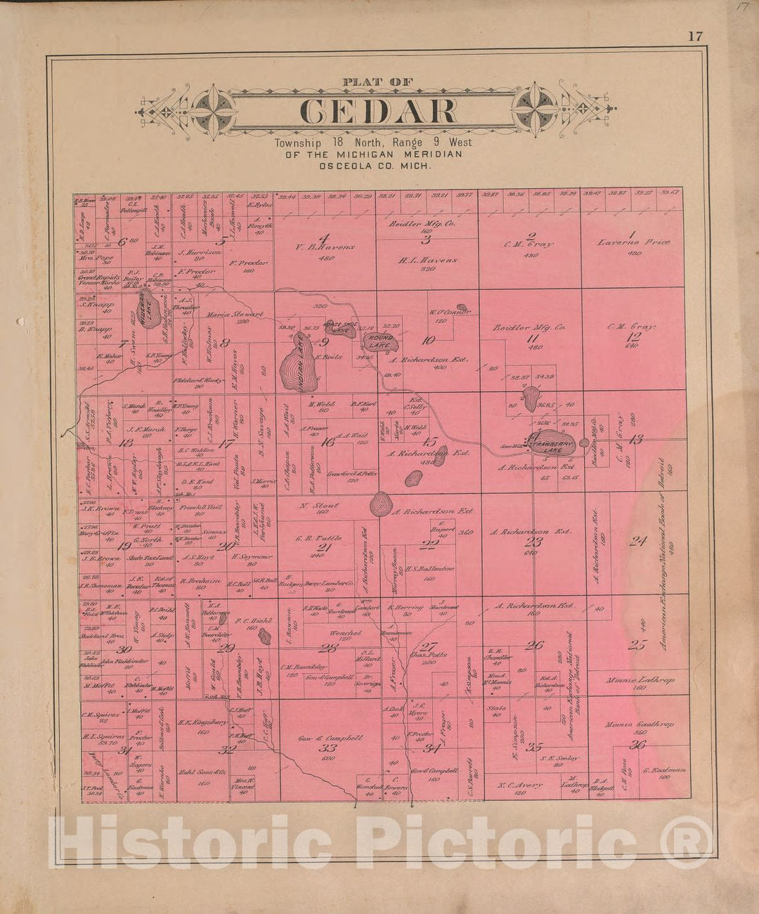 Historic 1900 Map - Plat Book of Osceola County, Michigan - Cedar