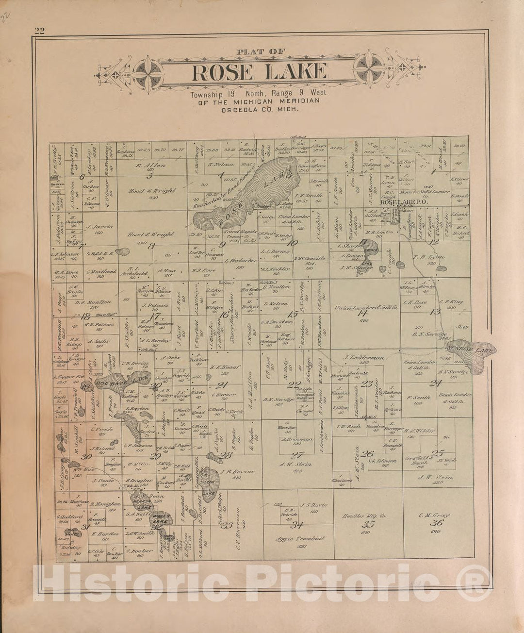 Historic 1900 Map - Plat Book of Osceola County, Michigan - Rose Lake