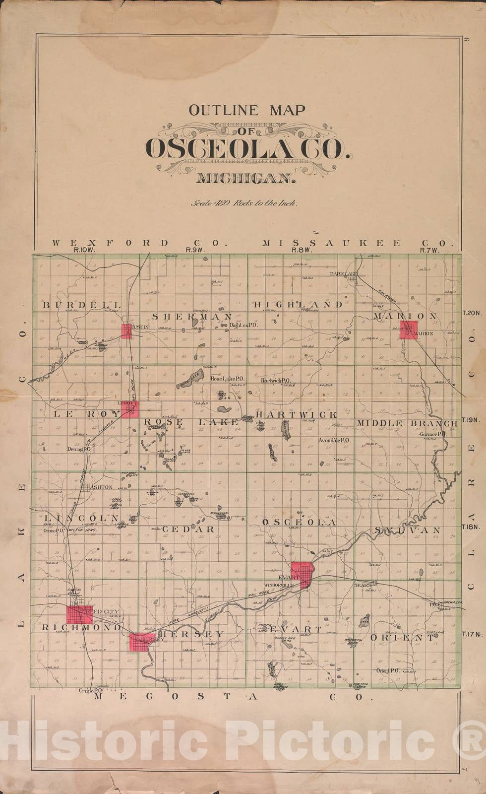 Historic 1900 Map - Plat Book of Osceola County, Michigan - Outline Map of Osceola