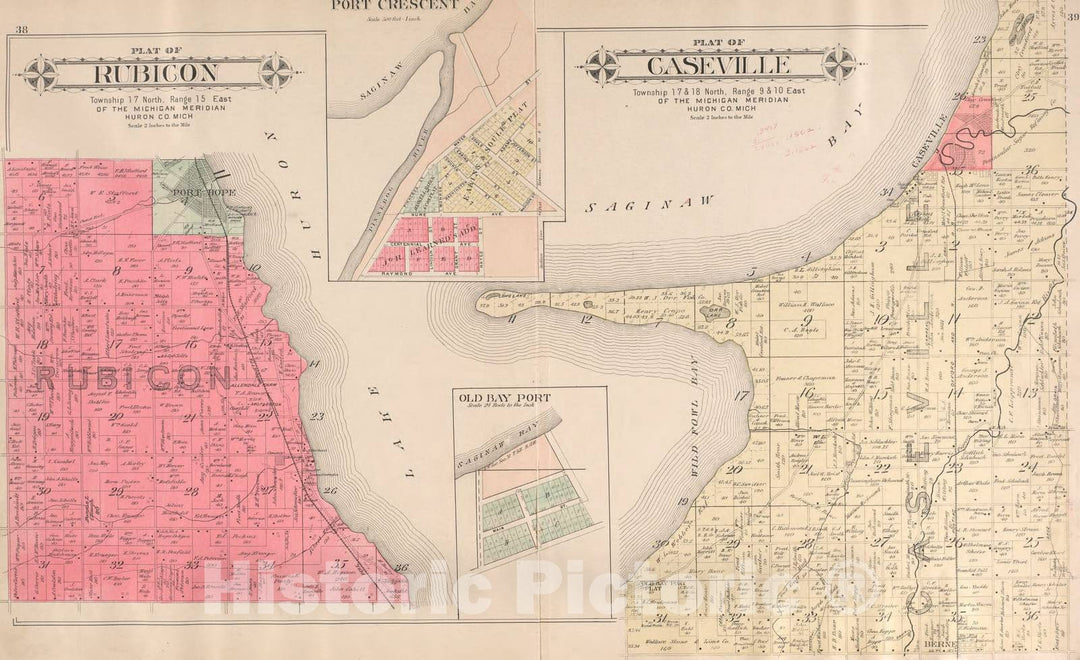 Historic 1904 Map - Plat Book of Huron County, Michigan - Caseville, Rubicon, Old Bay Port, Port Crescent