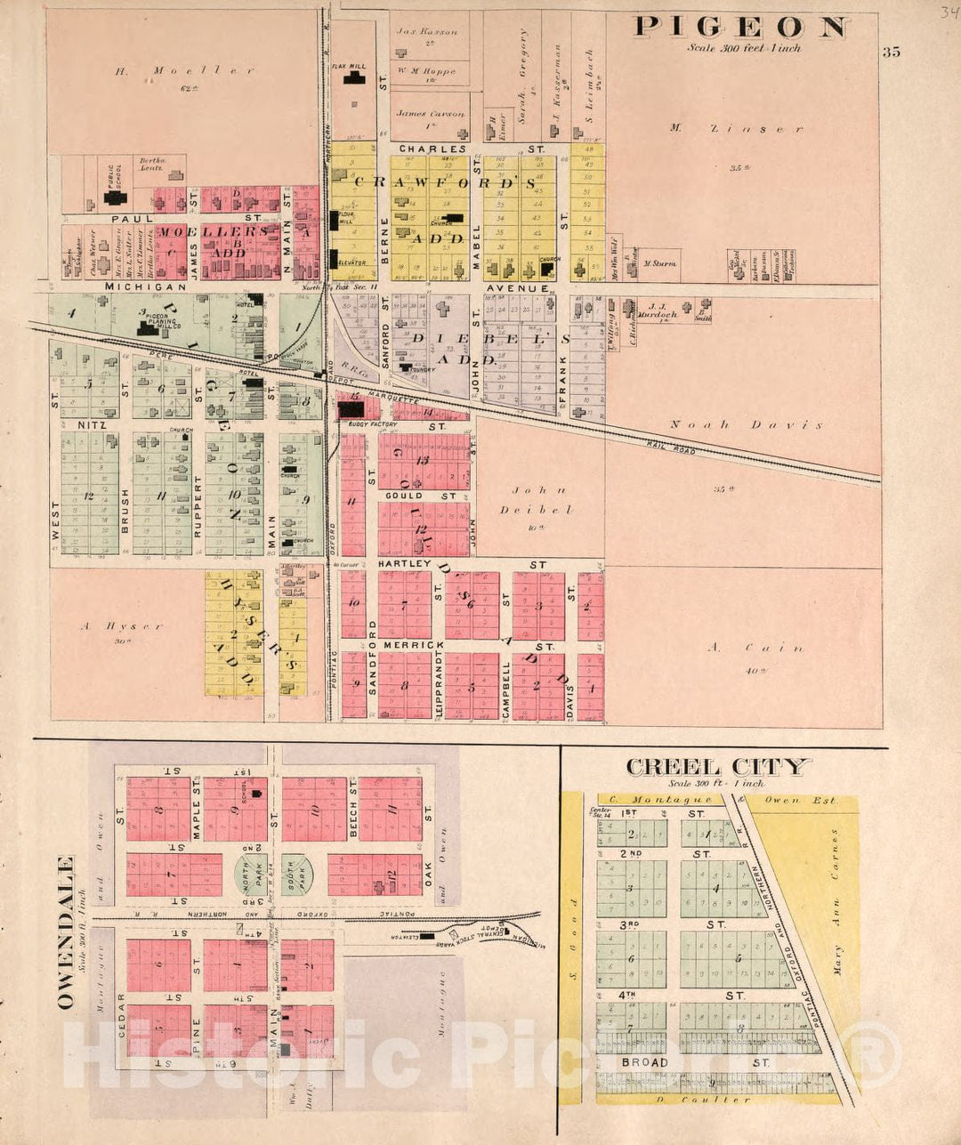 Historic 1904 Map - Plat Book of Huron County, Michigan - Owendale, Pigeon, Creel City