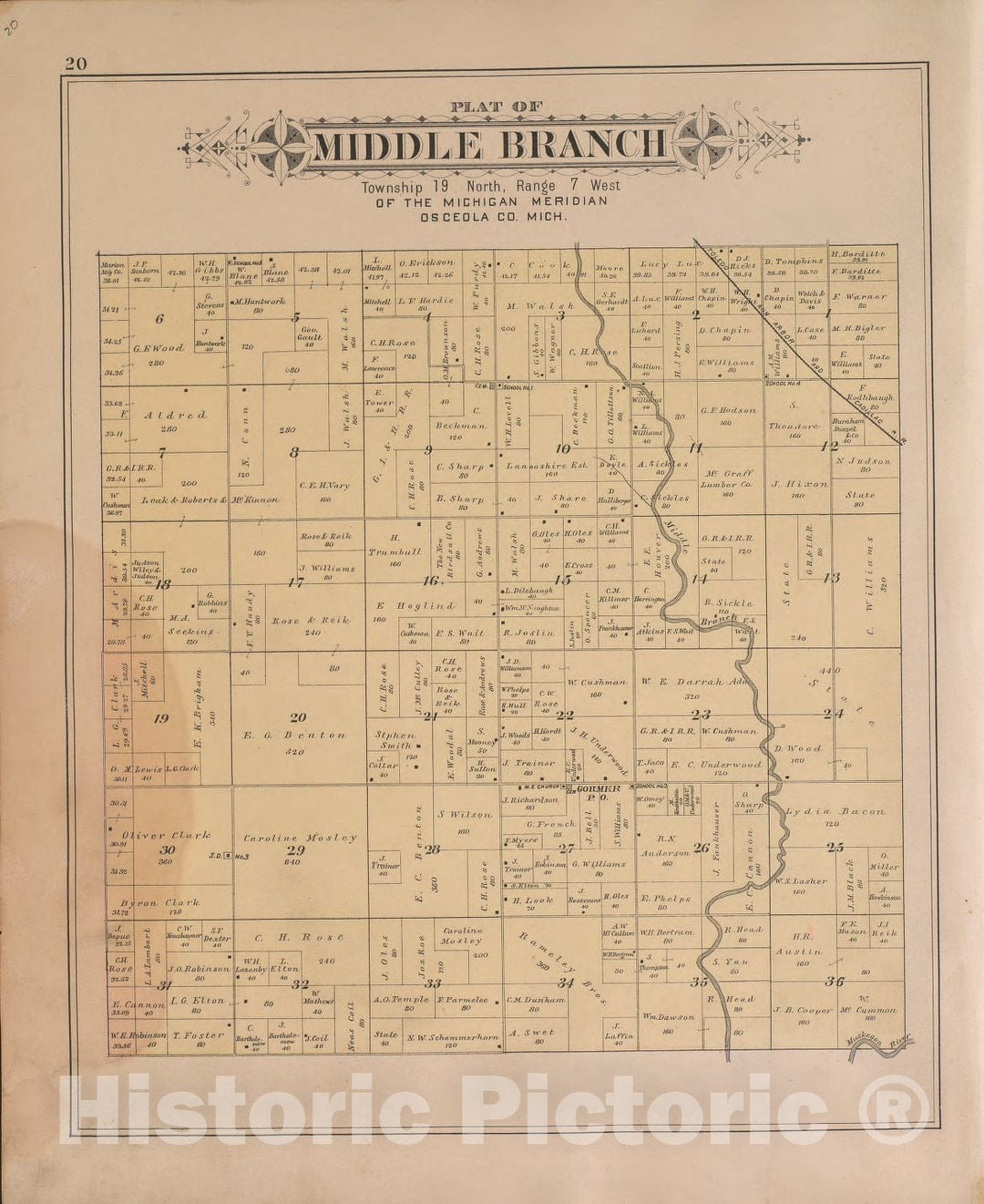 Historic 1900 Map - Plat Book of Osceola County, Michigan - Middle Branch