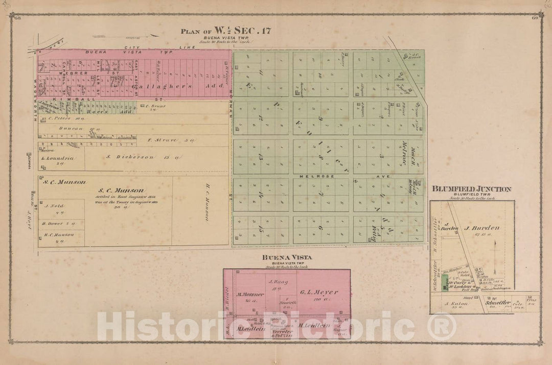 Historic 1877 Map - Atlas of Saginaw Co, Michigan - Plan of West 1/2 Sec. 17, Buena Vista, Blumfield Junction - Atlas of Saginaw County, Mich.