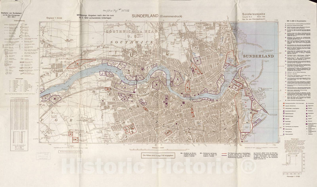 Historic 1941 Map - MilitÃ¤rgeographische Einzelangaben Ã¼ber England - Stadtplan South Shields (Zusammendruck) - Sonderausgabe Stand: 1940 - England 1:10 000