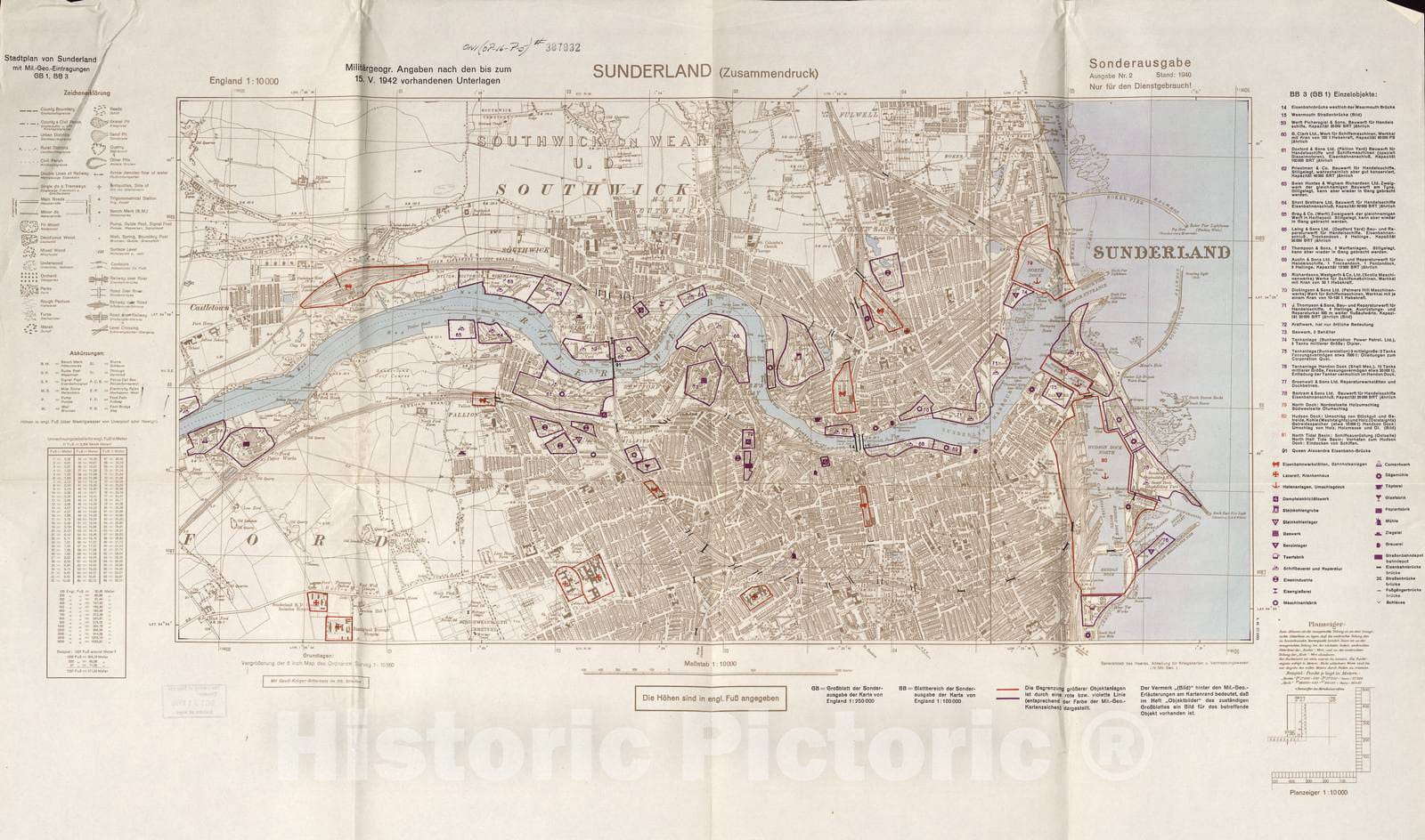 Historic 1941 Map - MilitÃ¤rgeographische Einzelangaben Ã¼ber England - Stadtplan South Shields (Zusammendruck) - Sonderausgabe Stand: 1940 - England 1:10 000