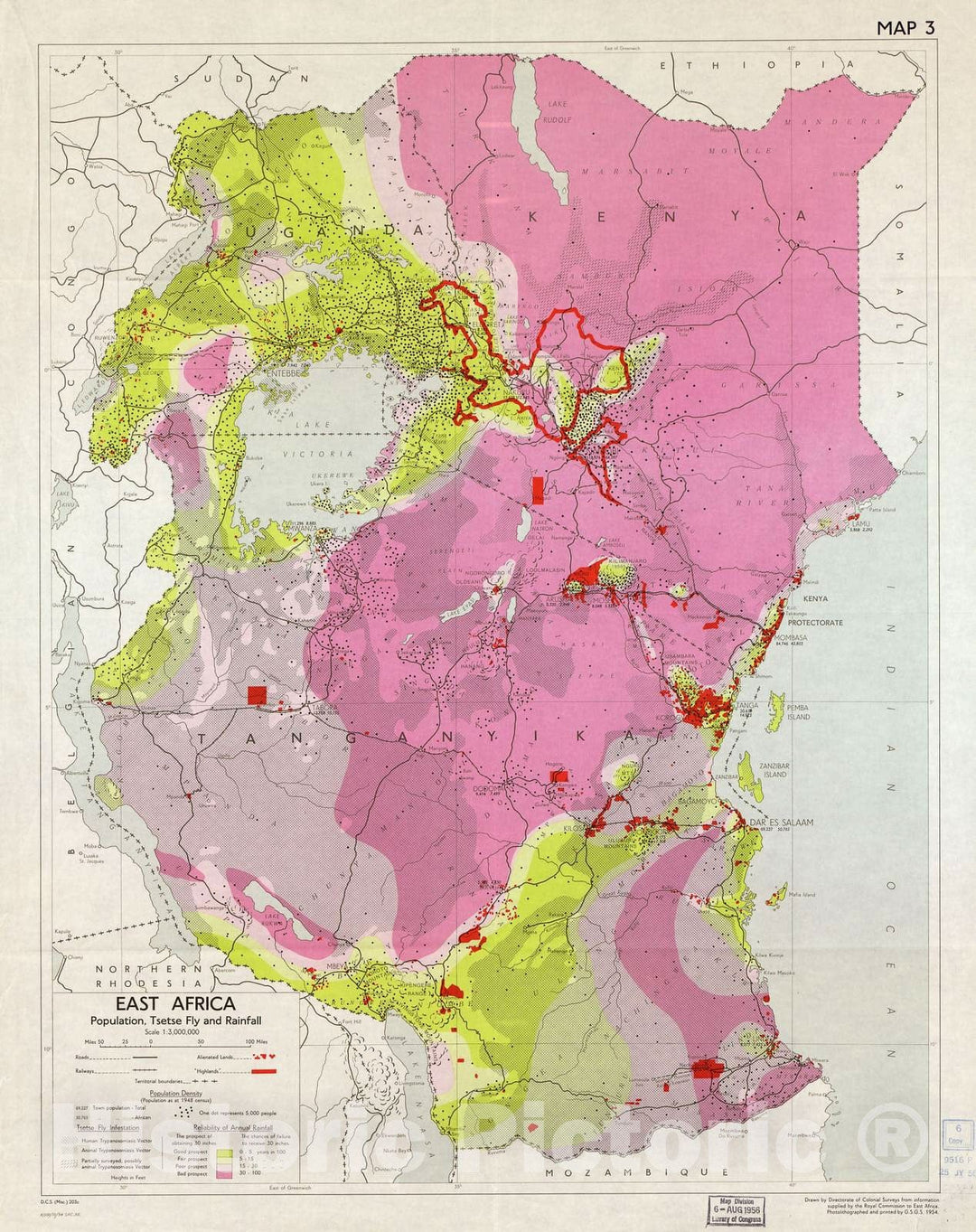 Historic 1954 Map - East Africa - Map 3: Population, Tsetse Fly, and Rainfall