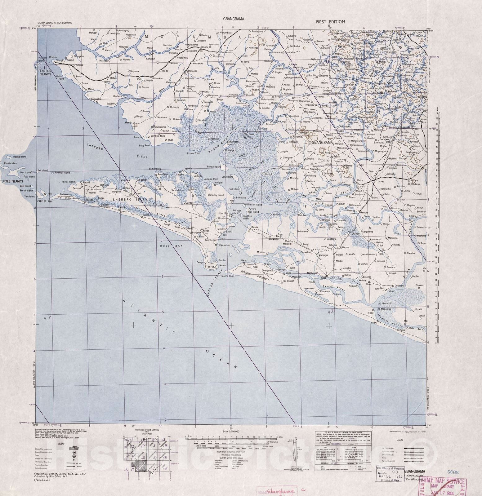 Historic 1942 Map - Sierra Leone, Africa - 1:250,000 - Gbangbama - 1st ed.