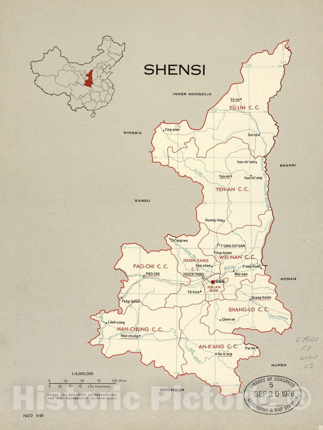 Historic 1969 Map - China, Administrative divisions. - Shensi