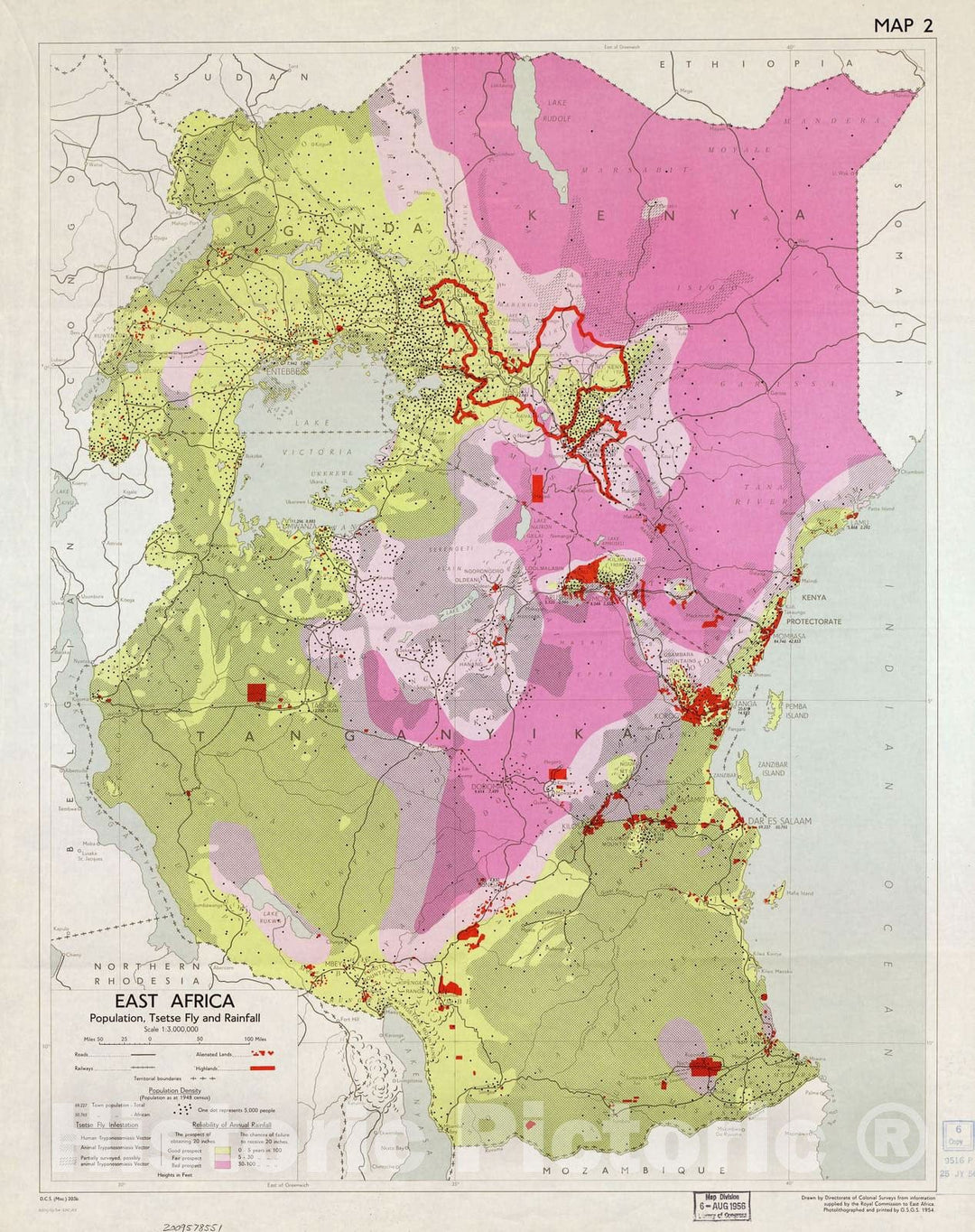 Historic 1954 Map - East Africa - Map 2: Population, Tsetse Fly, and Rainfall